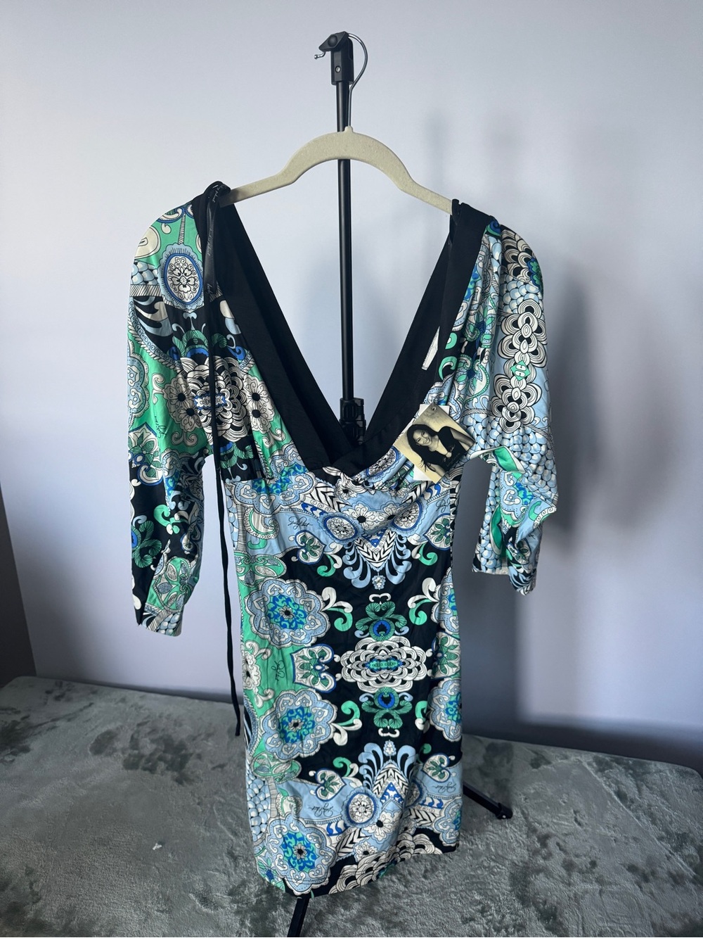 Baby Phat Black, Green & Blue Paisley V-Neck Bodycon Dress
